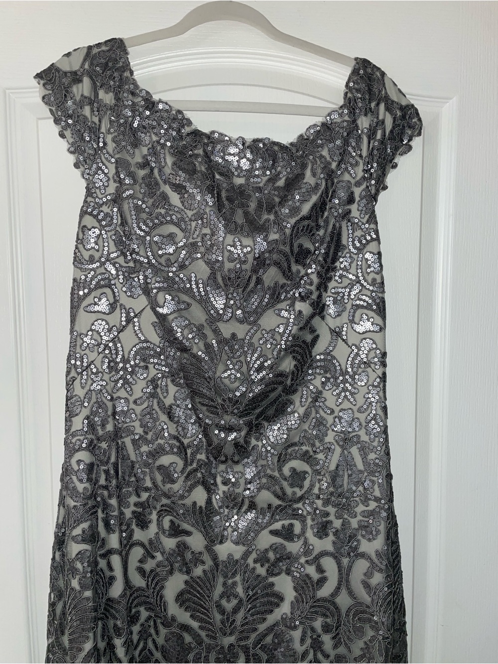 Tadashi Shoji Silver Lace Off-Shoulder Maxi Gown - Picture 4 of 8